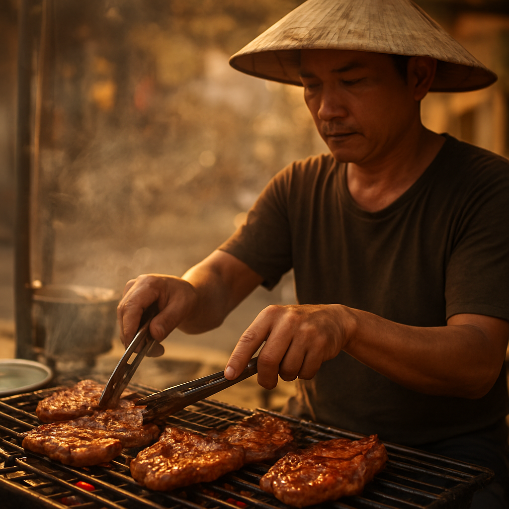 Đầu bếp nướng sườn trên than hoa
